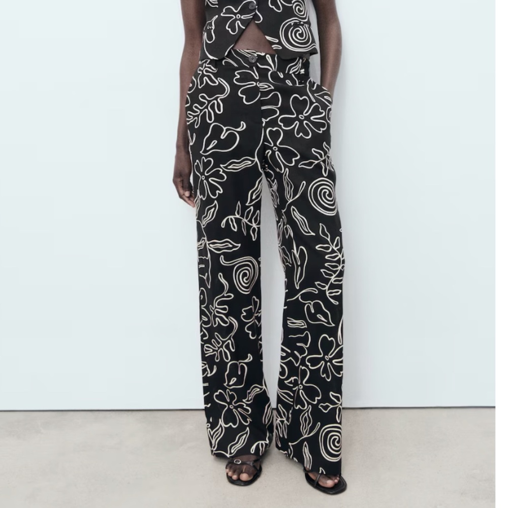 MANGO FLORAL-PRINT LINEN-BLEND PANTS